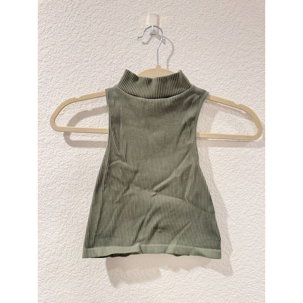 Zara Womens XS-S Cropped Mock Neck Ribbed Knit Sleeveless Top - Sage Green